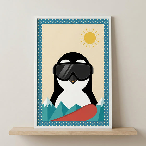 A framed minimalist illustration of a stylized penguin wearing black ski goggles, set against a background of snowy mountains and a red snowboard. A simple yellow sun shines in the sky. The artwork features a blue polka-dot border and is displayed on a wooden shelf.