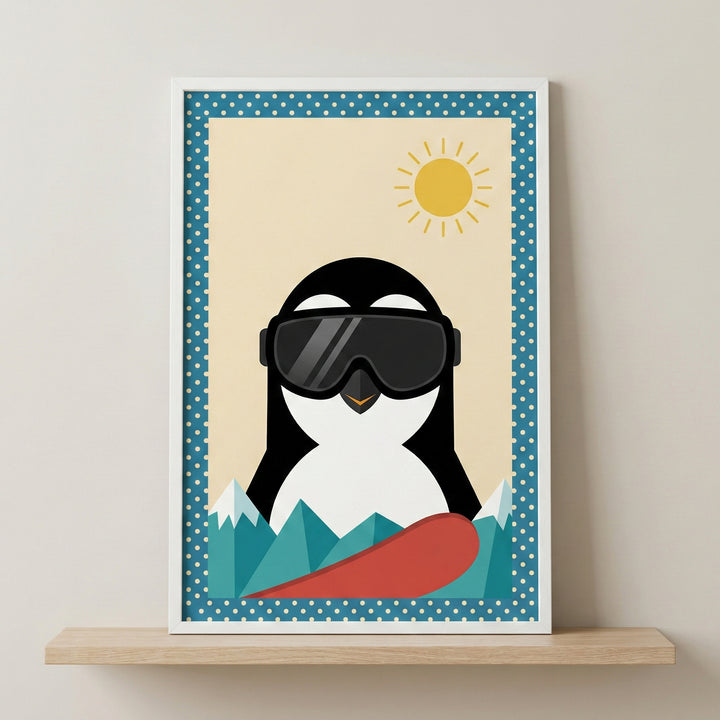 A framed minimalist illustration of a stylized penguin wearing black ski goggles, set against a background of snowy mountains and a red snowboard. A simple yellow sun shines in the sky. The artwork features a blue polka-dot border and is displayed on a wooden shelf.