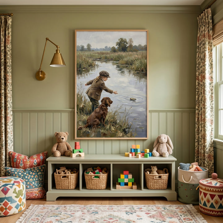 Sage green room with toy baskets on a bench below skipping stone girl dog wall art, plush toys, and floral curtains.