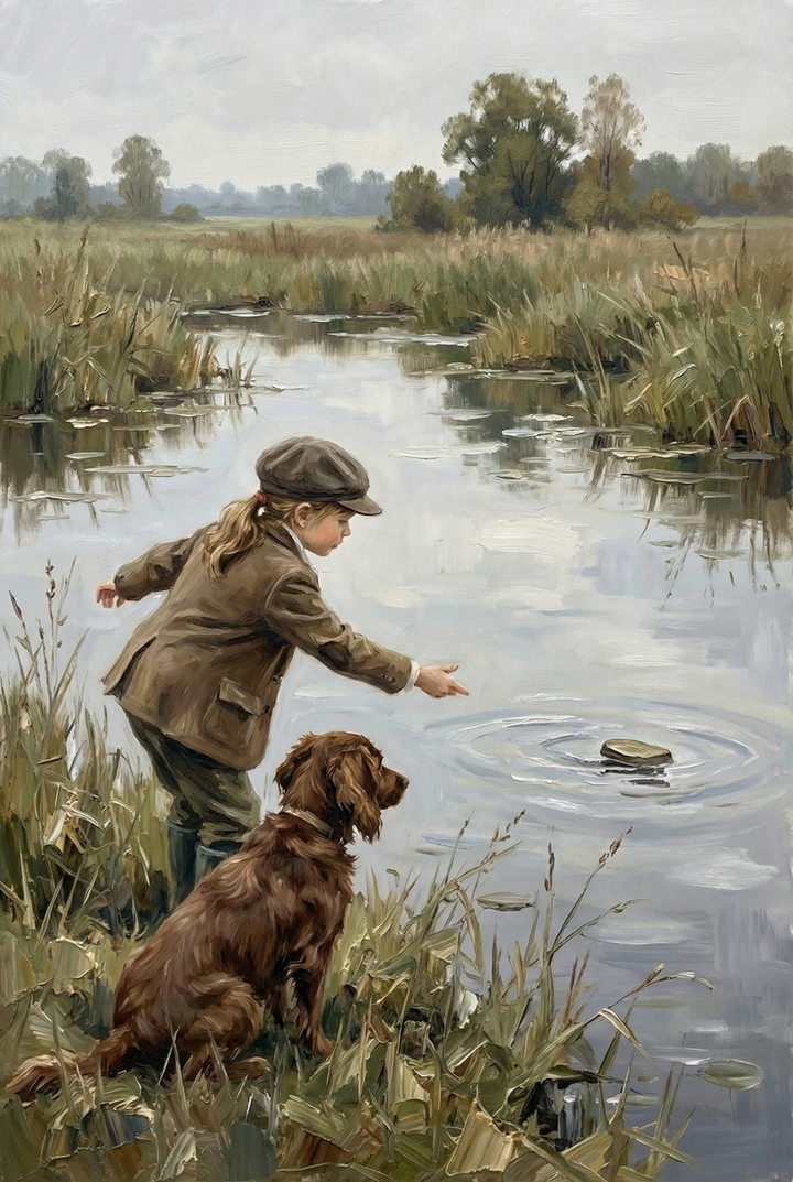 Child in a coat points toward ripples in a calm pond while a brown dog sits nearby, captured as nostalgic countryside wall art for children and adults.
