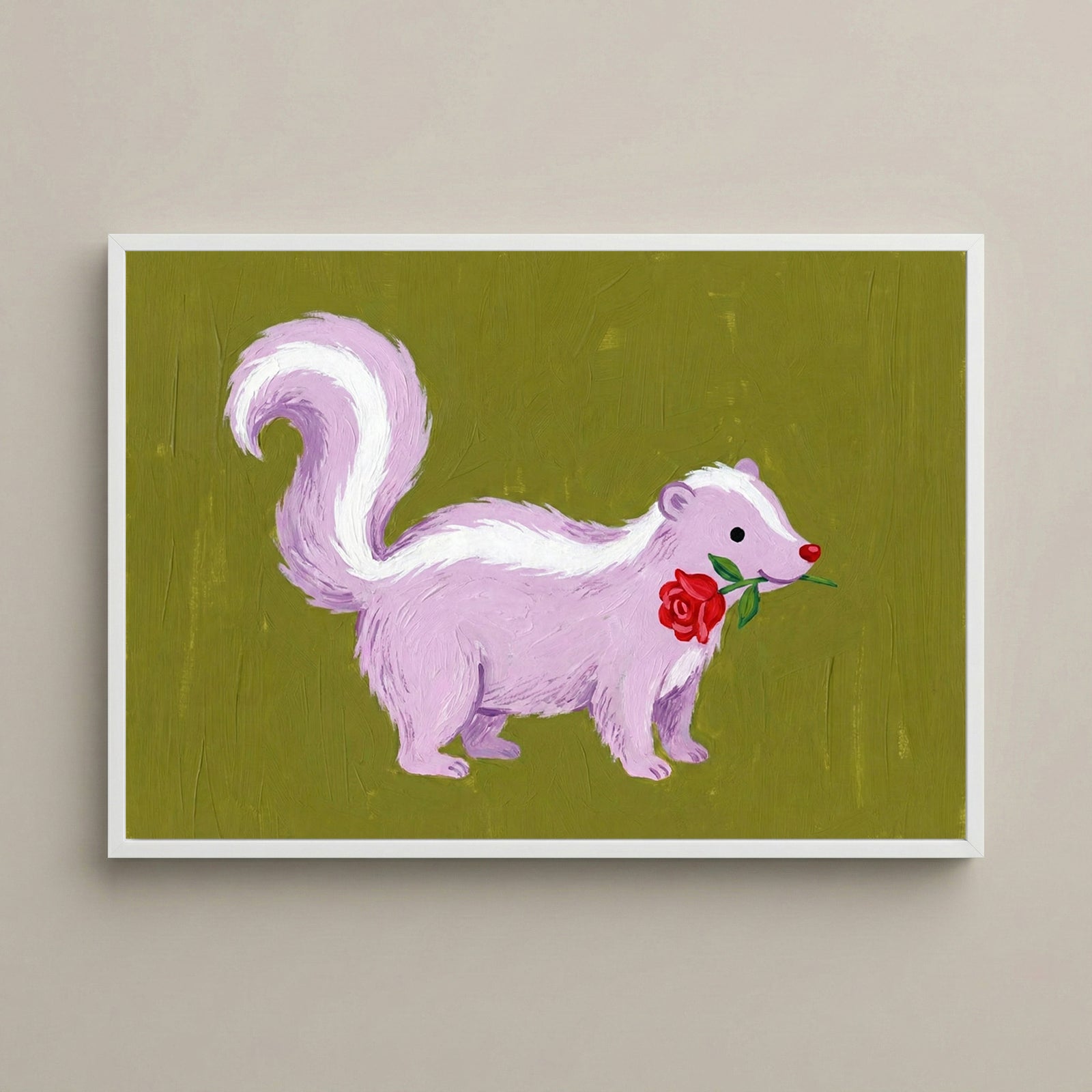 A delightful framed painting of a pastel purple skunk holding a red rose in its mouth, displayed above a dresser in a softly lit nursery. The skunk's charming pose and the green background add a playful, affectionate touch to the room.