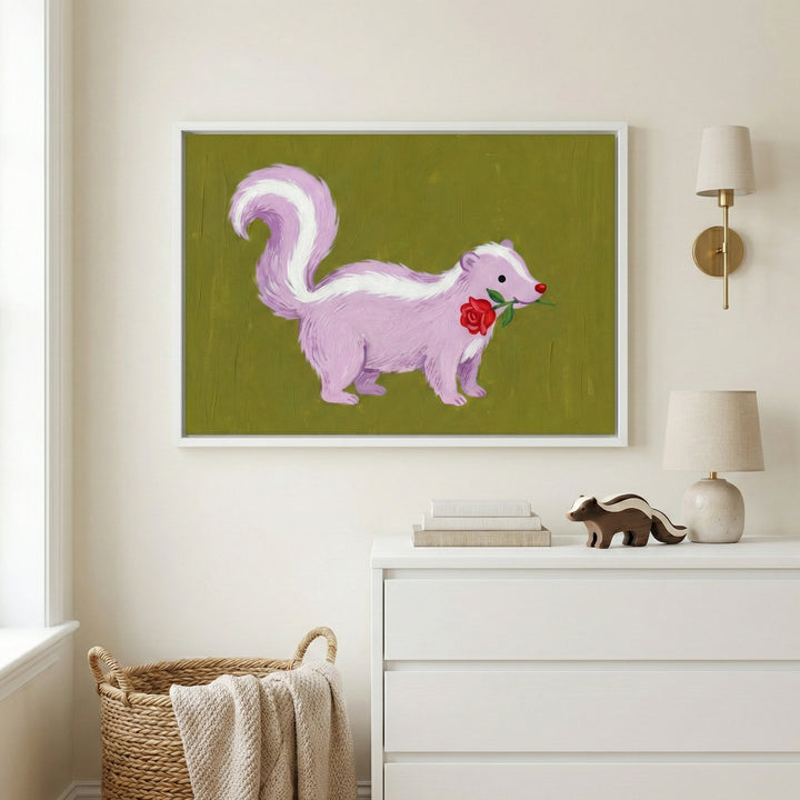 A whimsical illustration of a lavender-colored skunk with a bright red nose, holding a rose between its teeth. Set against an olive green backdrop, the painting has a sweet and quirky vibe perfect for a child’s space.