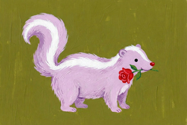 Charming oil painting of a pastel purple skunk with a white stripe holding a red rose in its mouth. The skunk stands against an olive green background, creating a romantic and playful vibe.