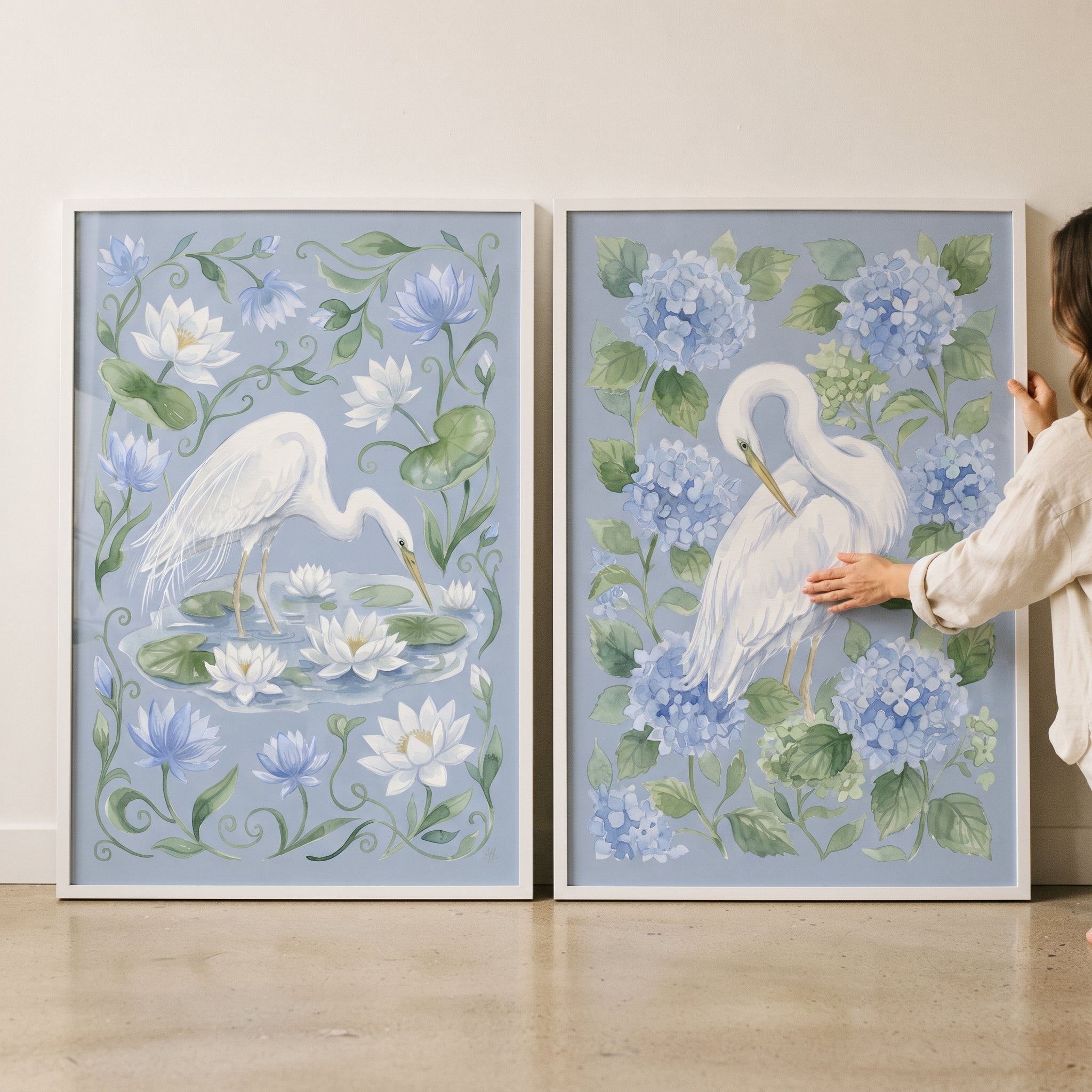 Sky Blue Botanical Egret Bird Wall Art Set of 2 - Elegant Egret Blooms