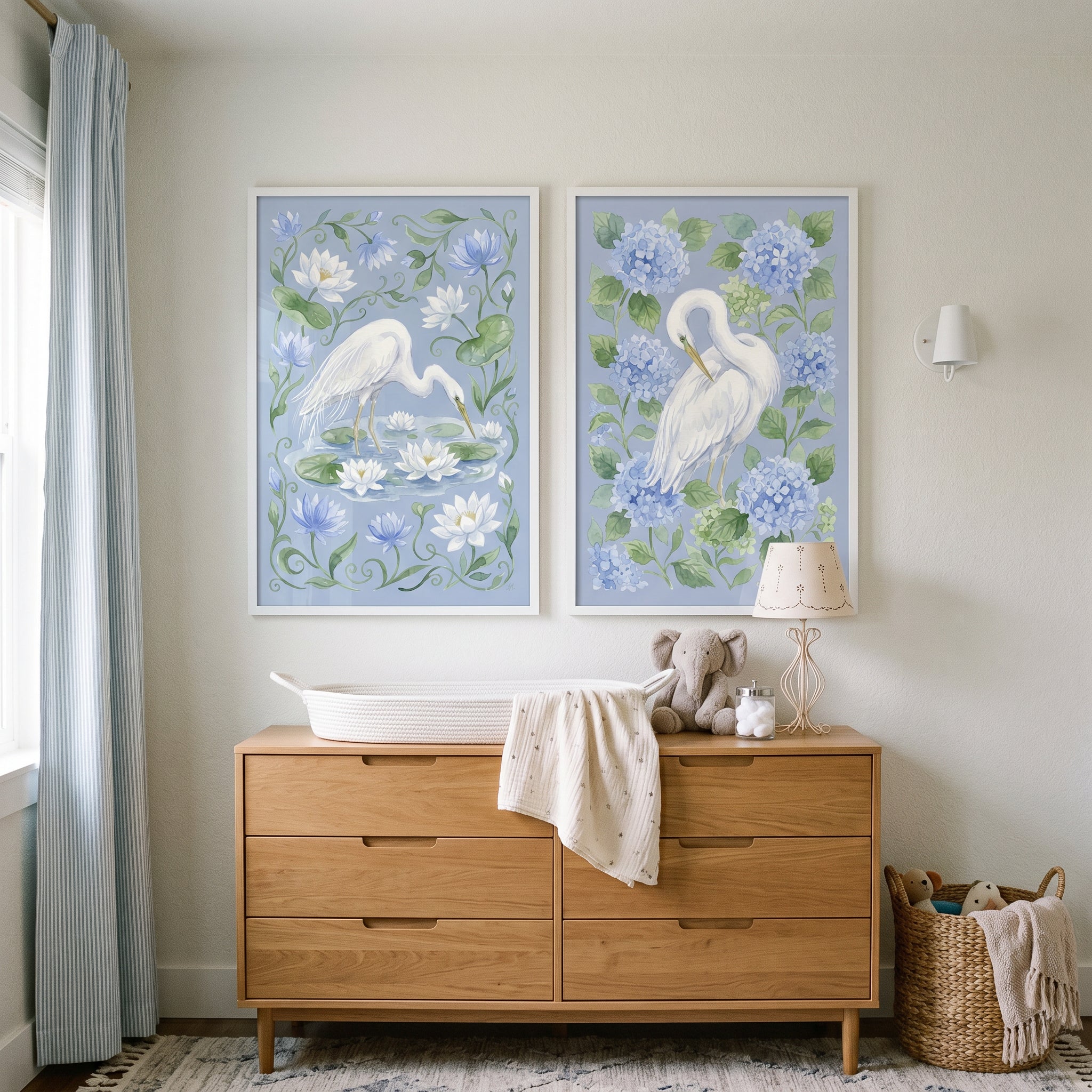 Sky Blue Botanical Egret Bird Wall Art Set of 2 - Elegant Egret Blooms
