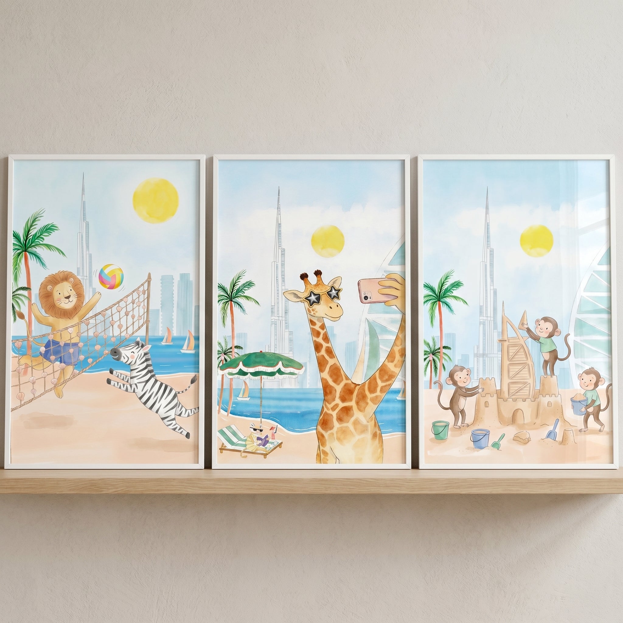 Skyline View Safari Animal Wall Art Set of 3 - Safari Beach Fun