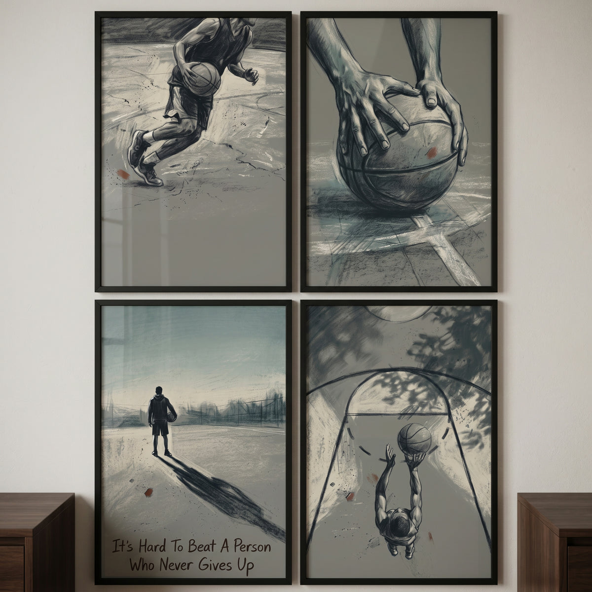 Slate basketball player sports print set of 4 featuring athletes in action and a quote in four black frames.