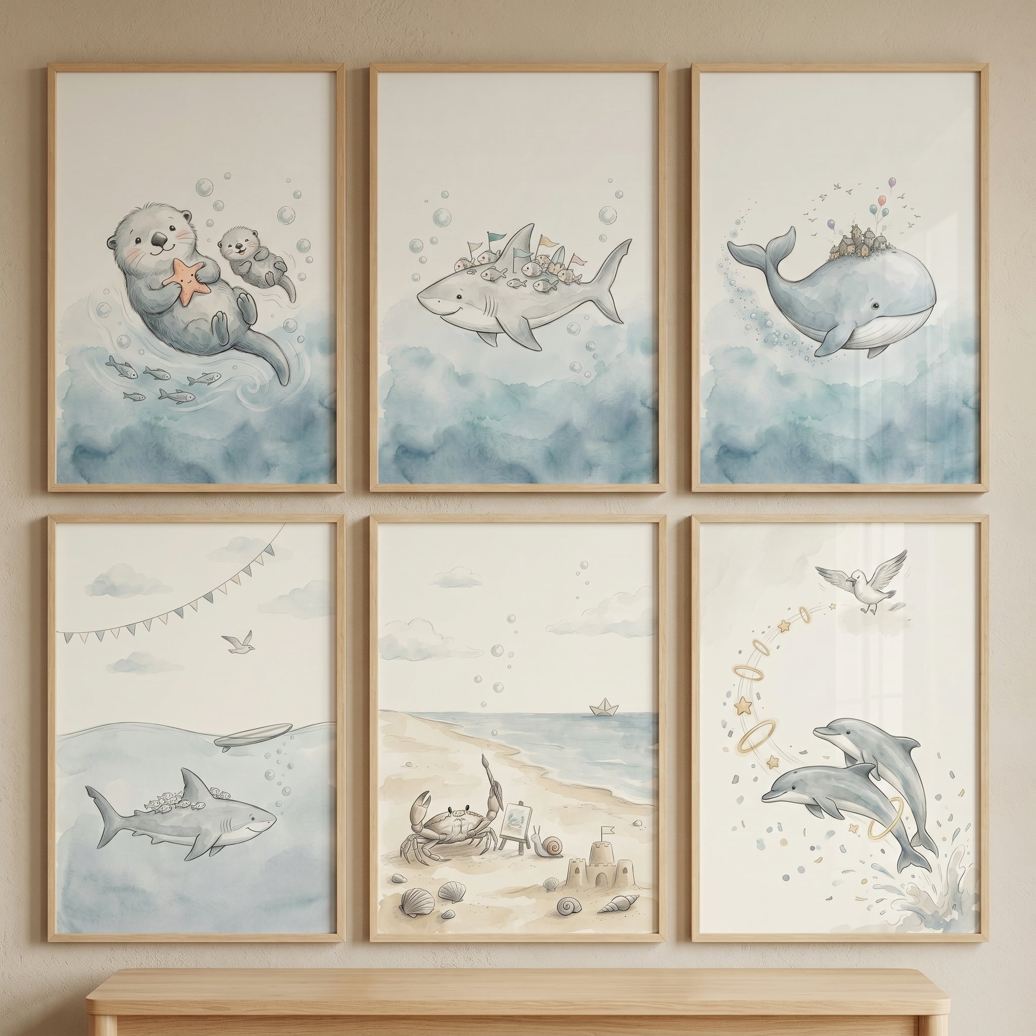 Slate Blue Sea Creature Wall Art Set of 6 - Soft Ocean Dreams