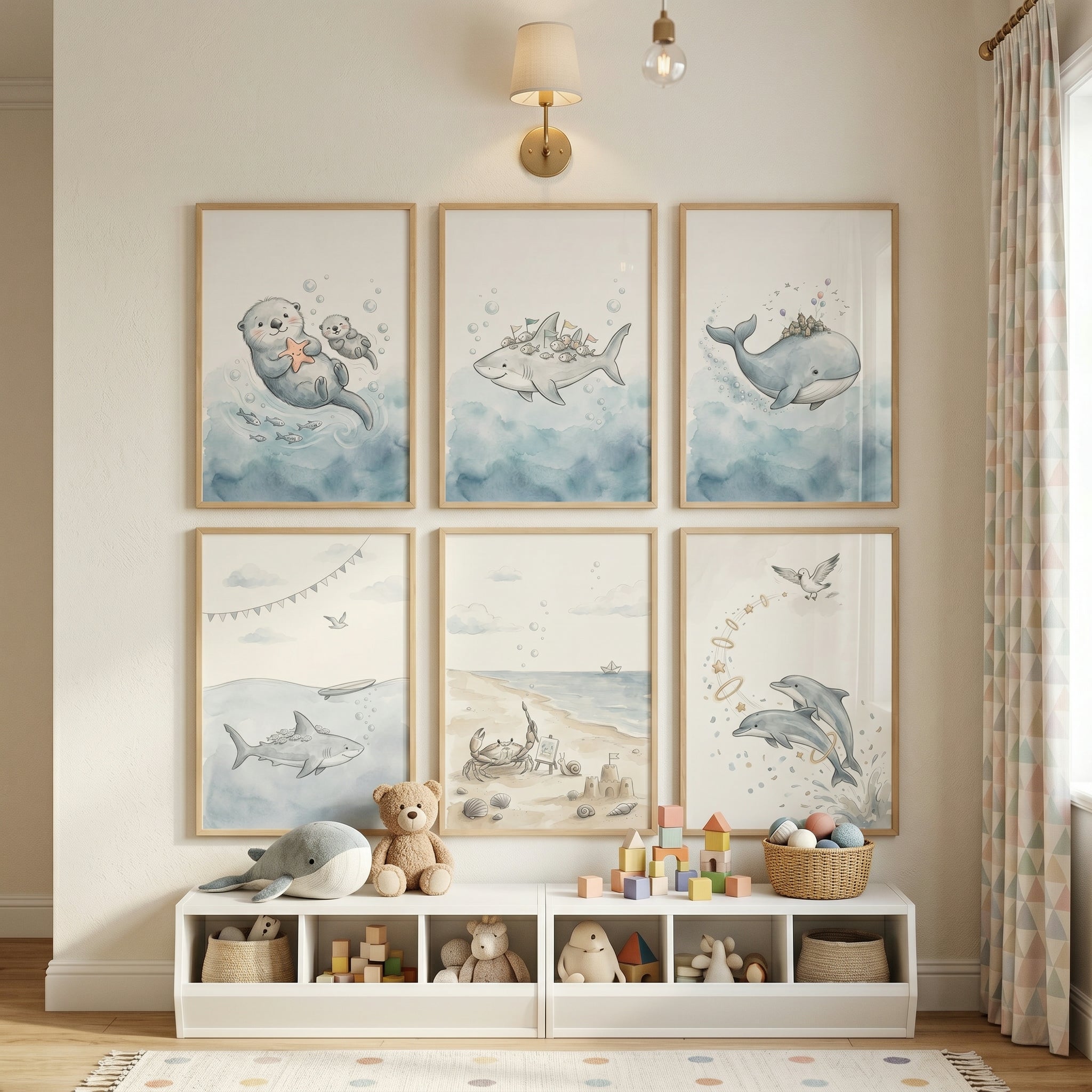 Slate Blue Sea Creature Wall Art Set of 6 - Soft Ocean Dreams