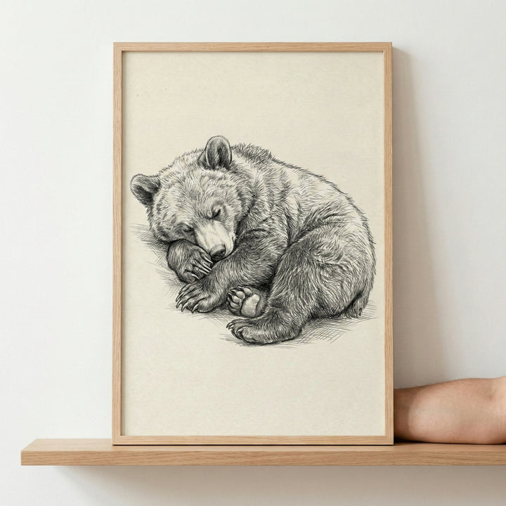 A detailed pencil sketch of a sleeping bear cub, curled up in a ball with its paws tucked in. The drawing is shown in a light-colored wooden frame, resting on a wooden shelf against a plain, light-toned wall.