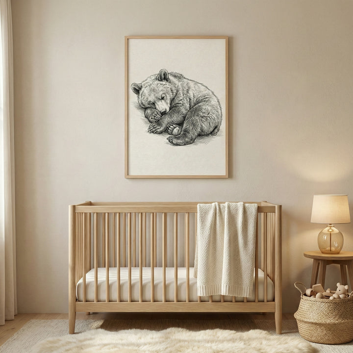 A minimalist nursery featuring a light-colored wooden crib with a white mattress and a cream-colored knit blanket draped over its side. Above the crib, a framed black-and-white sketch shows a sleeping bear cub curled up. To the right, a small round wooden side table holds a lamp with a translucent base and a neutral shade. A woven storage basket filled with soft toys sits on a plush white shag rug in front of the table. The walls are a warm, neutral beige, creating a serene and cozy atmosphere.