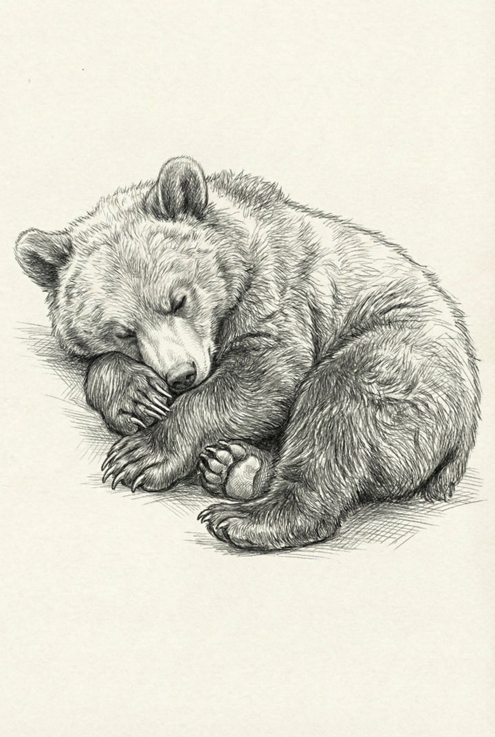 Detailed drawing of a sleeping bear cub curled into itself, with one paw tucked under its head and the other resting over its snout.