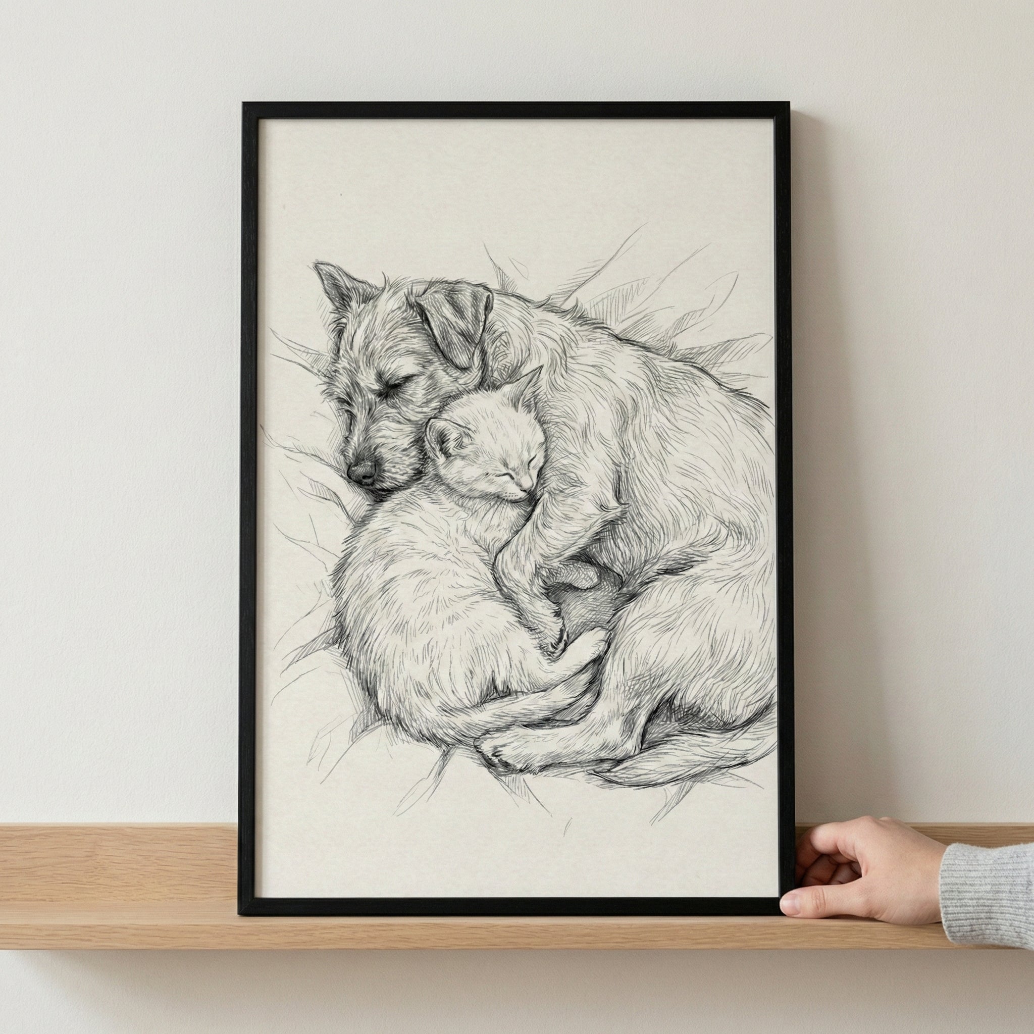 Sleeping Cat And Dog Pencil Sketch Wall Art - Quiet Companions
