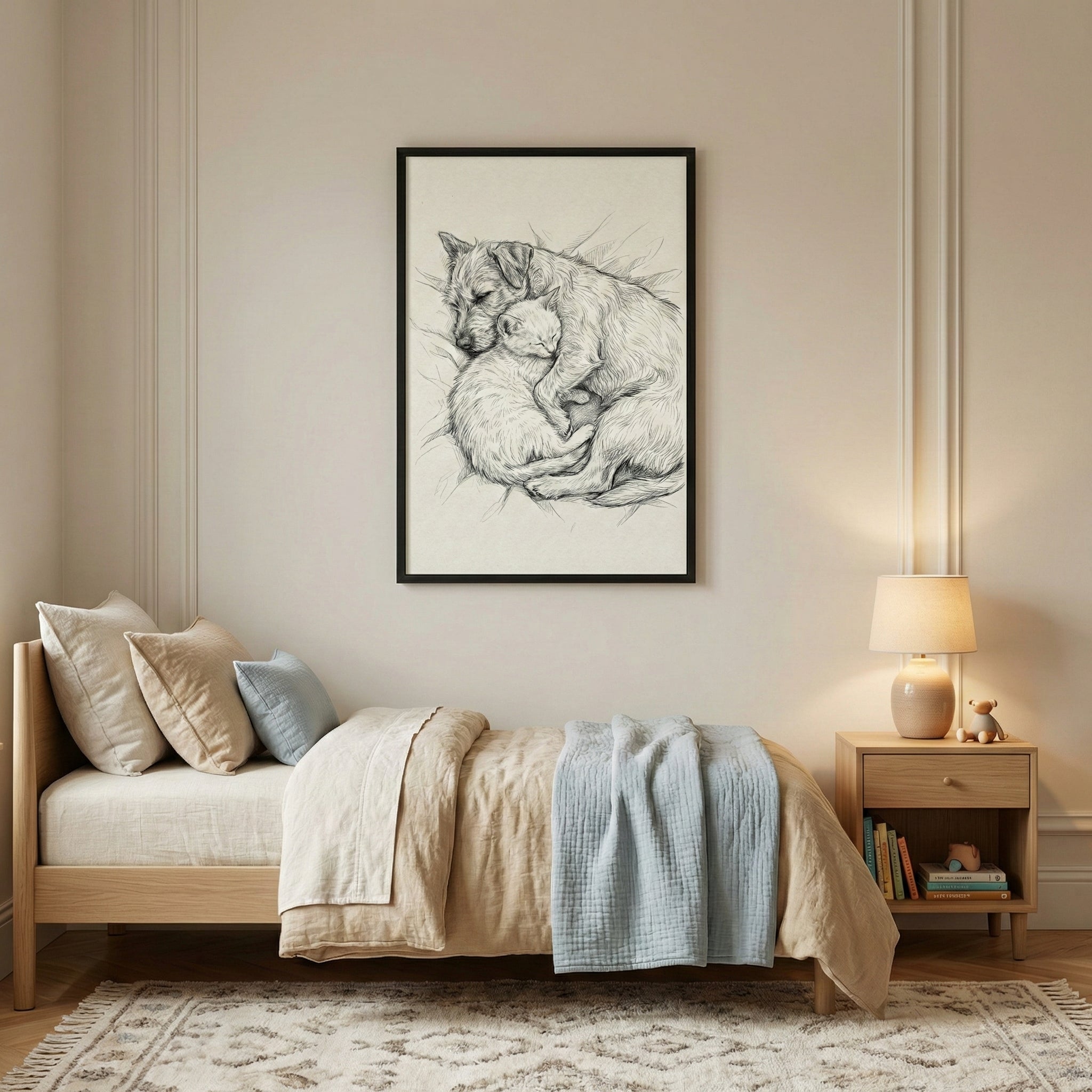 A vertical framed sketch of a scruffy dog and a small kitten sleeping together hangs on a neutral beige wall above a single bed. The bed features a light-colored wooden frame, beige linen bedding, several pillows in neutral and light blue tones, and a light blue textured throw blanket. To the right of the bed, a matching wooden nightstand holds a small lamp with a glowing warm bulb, a tiny bear figurine, and a shelf filled with colorful books. A patterned area rug sits on the floor beneath the bed.