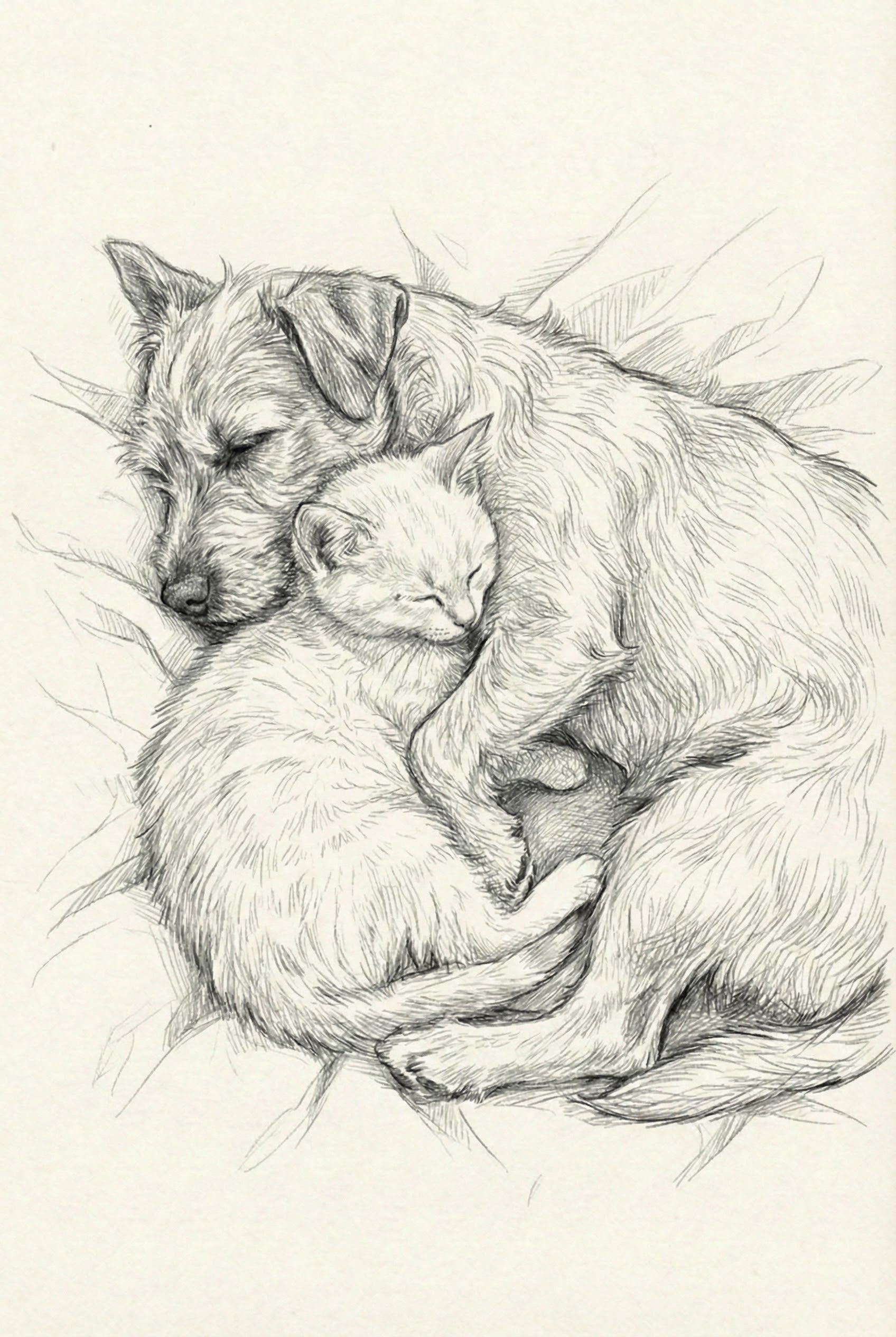 Pencil sketch of a dog and cat cuddled together, both sleeping peacefully with the dog's front leg wrapped gently around the cat.