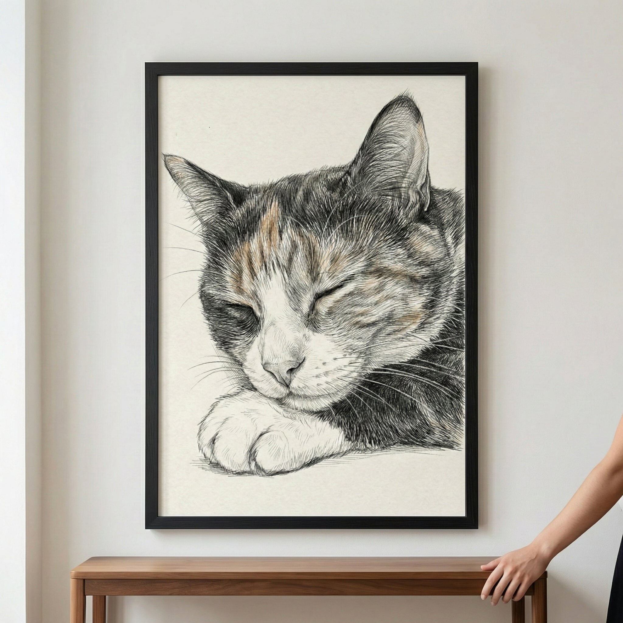 A framed vertical sketch of a sleeping calico cat. The detailed drawing uses fine lines and cross-hatching to depict the cat's fur, featuring a mix of black, white, and subtle orange tones. The cat has its eyes closed and is resting its head near its white paw. The artwork is in a thin black frame, hanging on a light-colored wall above a wooden console table. A person's hand is visible on the right side, resting on the table.