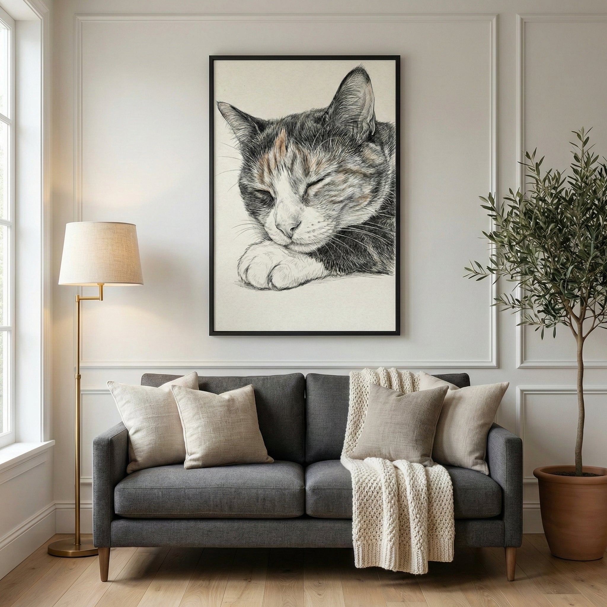 A minimalist living room features a grey fabric sofa centered under a large, vertically framed sketch of a sleeping cat. The artwork shows a detailed, close-up view of the cat's face and one paw in a charcoal and pencil style. Four neutral-toned throw pillows and a cream-colored textured knit blanket are arranged on the sofa. To the left is a slender gold floor lamp with a beige drum shade, and to the right is a potted olive tree in a terracotta planter. 