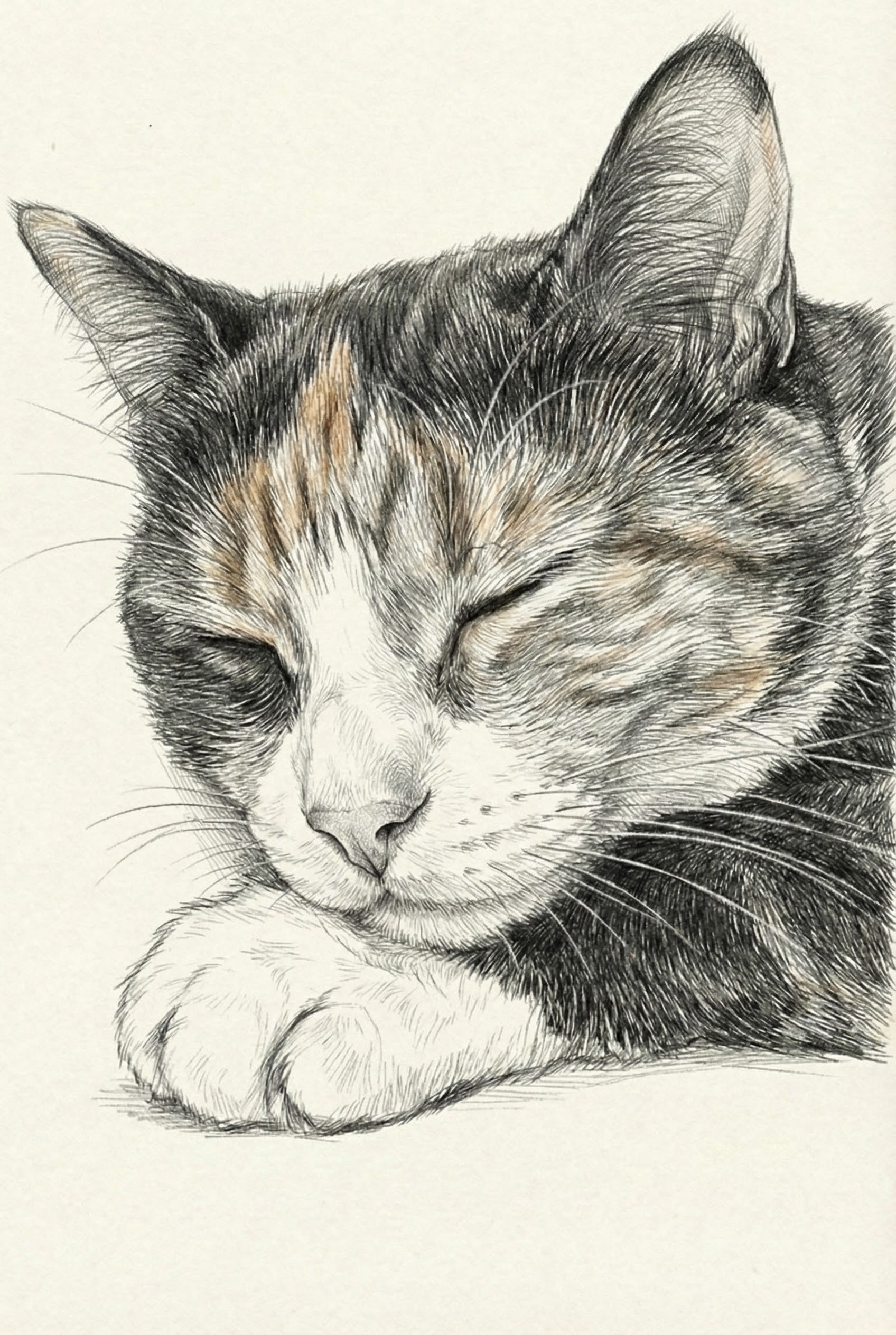Close-up drawing of a calico cat sleeping with its head resting on its front paw, eyes closed and fur finely detailed.