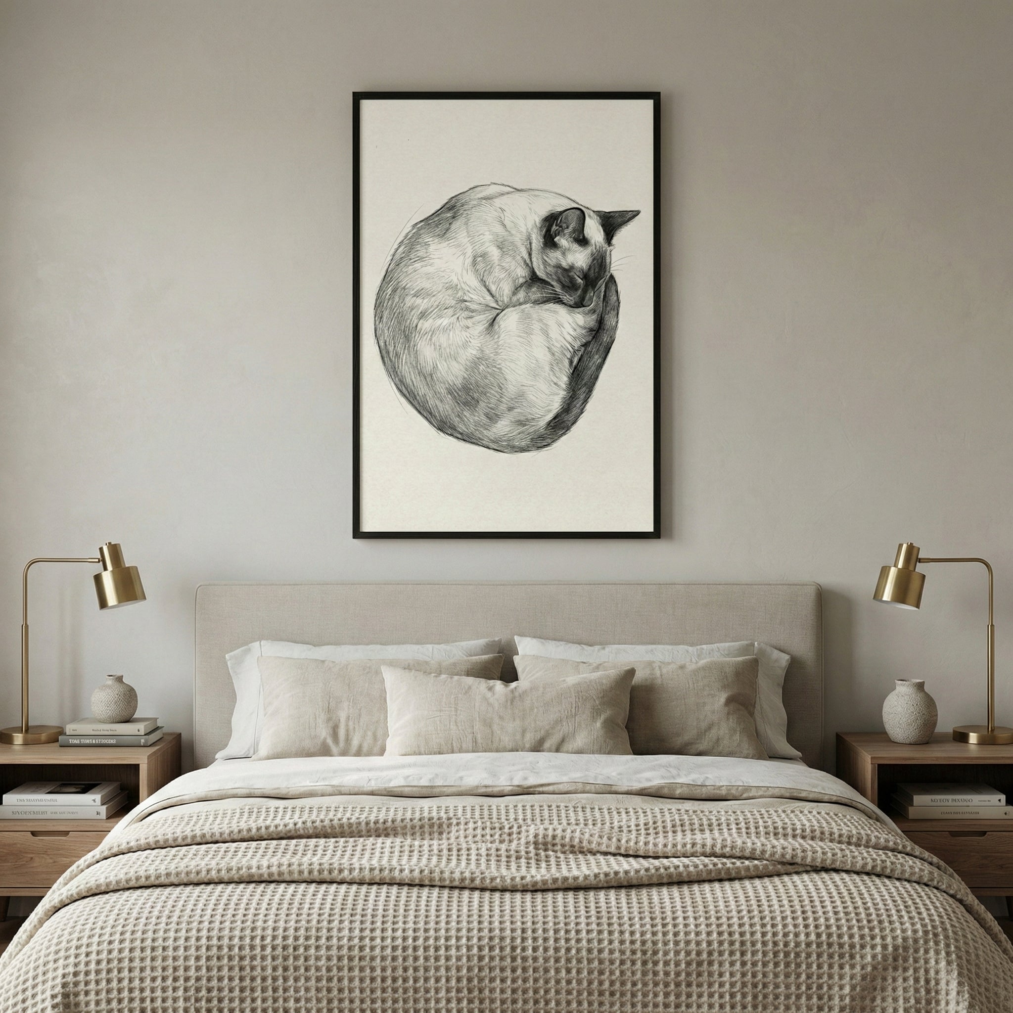 A serene, minimalist bedroom featuring a bed with a light beige textured coverlet and several neutral-toned pillows. Centered on the wall above the headboard is a large framed artwork showing a black and white drawing of a cat curled into a ball. On each side of the bed sits a wooden nightstand topped with a modern gold lamp, a small decorative vase, and a stack of books. The room is decorated in soft, earthy tones.