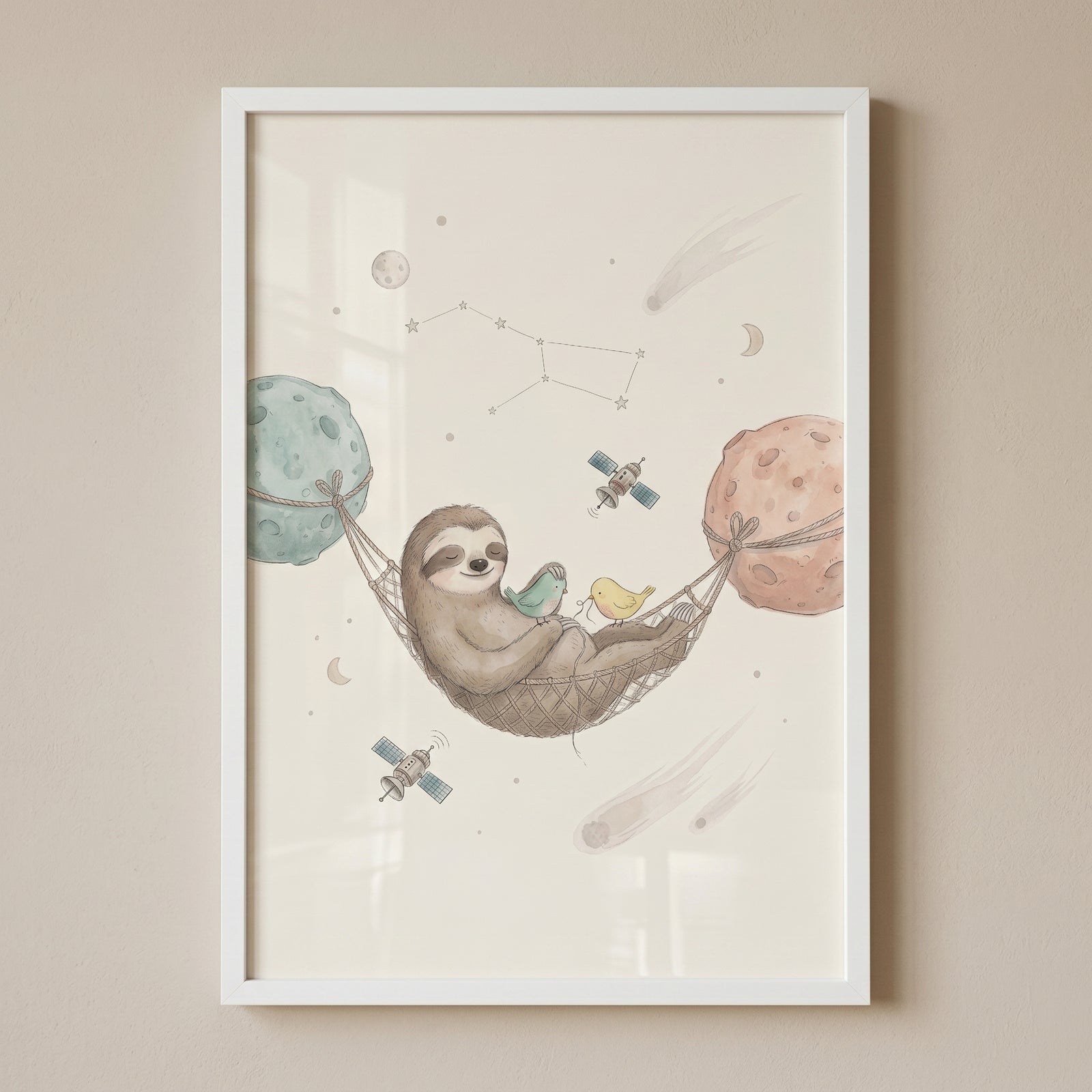 Sleeping cosmic hammock sloth wall art with a sloth and birds in space between two planets with satellites and stars.