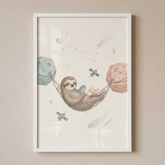 Sleeping cosmic hammock sloth wall art with a sloth and birds in space between two planets with satellites and stars.