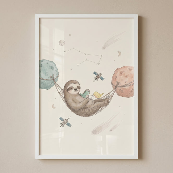 Sleeping cosmic hammock sloth wall art with a sloth and birds in space between two planets with satellites and stars.