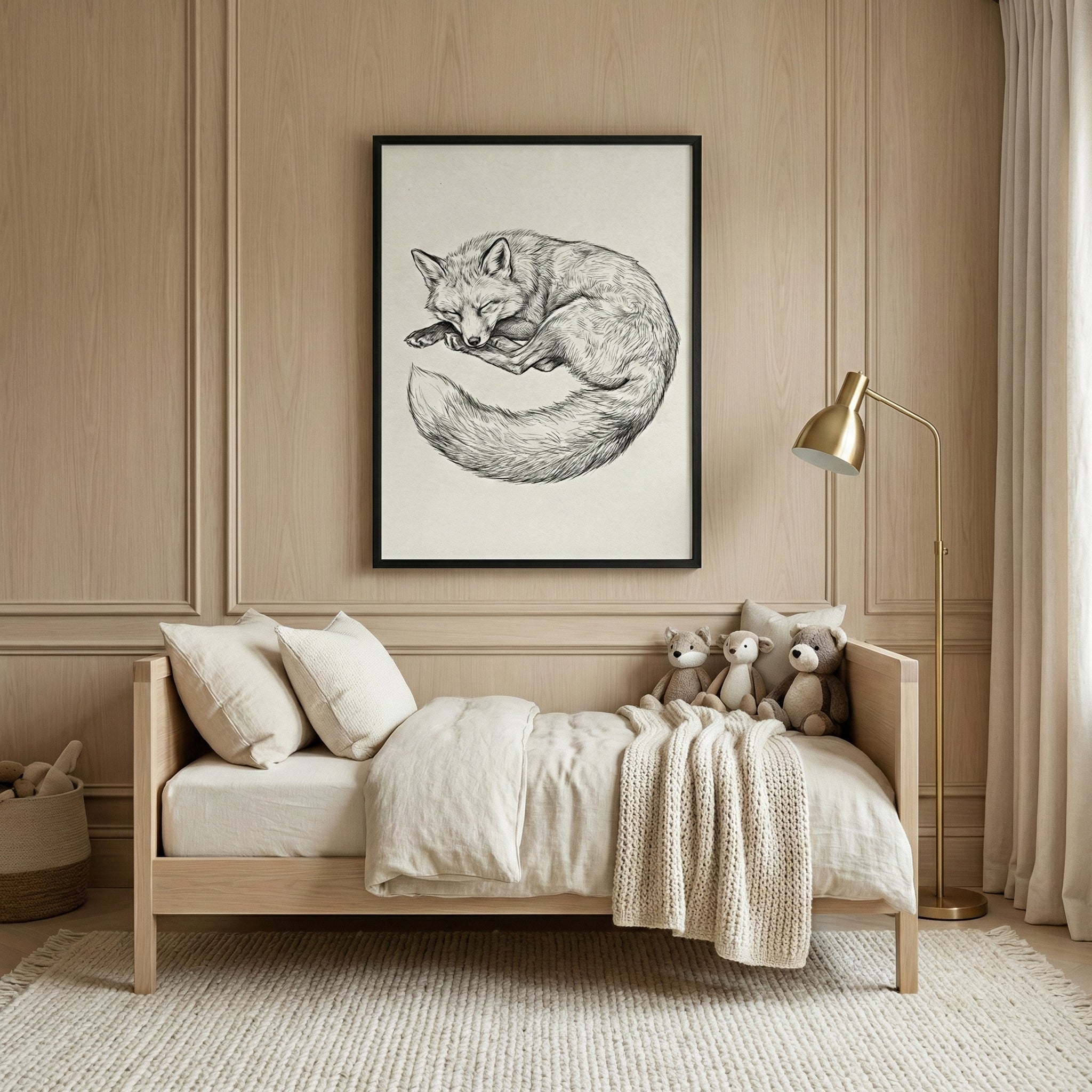 A cozy, minimalist child's bedroom featuring warm neutral tones and natural wood. A large, black-framed illustration of a curled-up sleeping fox hangs centered on a beige paneled wall above a light wood daybed. The bed is layered with soft cream-colored linens, matching pillows, and a chunky knit throw blanket. Three small plush animal toys are nestled at one end of the bed. To the right, a slender brass floor lamp stands beside the bed, and a textured off-white rug covers the light wood floor.