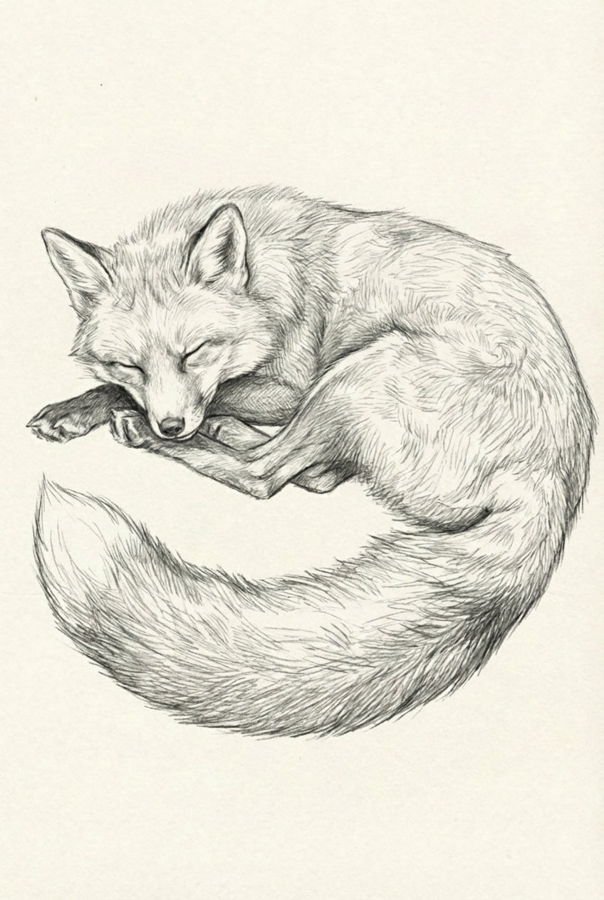 Pencil sketch of a fox curled in a tight circle with its fluffy tail wrapped around its body, sleeping peacefully.