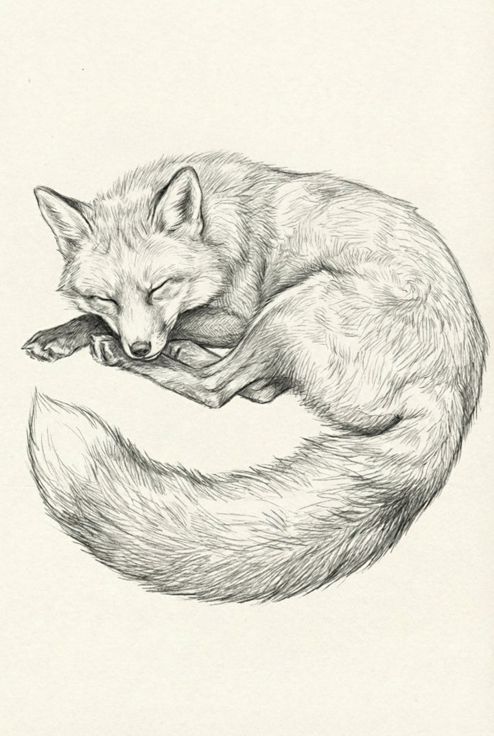 Pencil sketch of a fox curled in a tight circle with its fluffy tail wrapped around its body, sleeping peacefully.