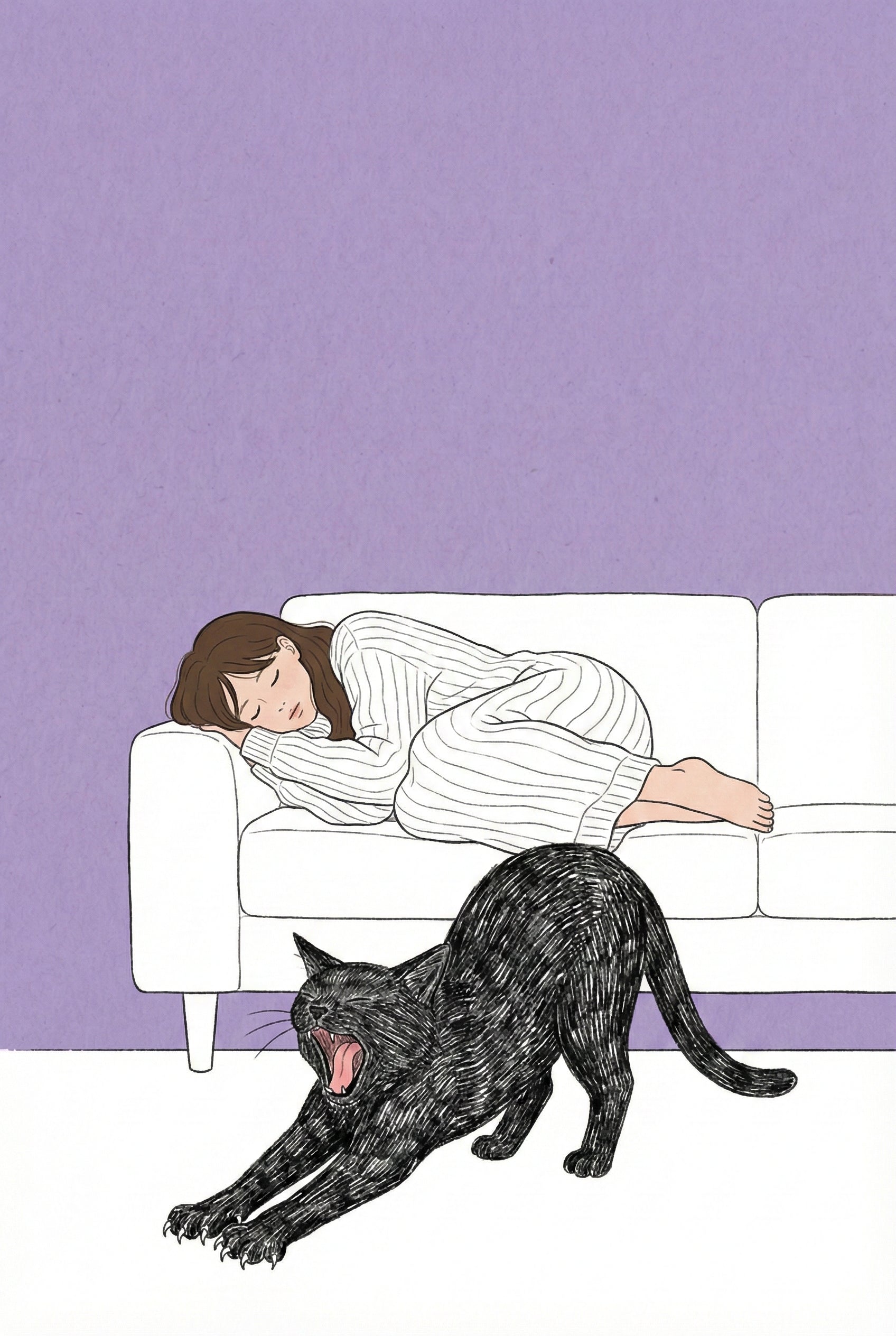Minimalist illustration of a girl in striped pajamas sleeping on a white couch, while a black cat stretches and yawns in the foreground. The background is a solid lavender color.