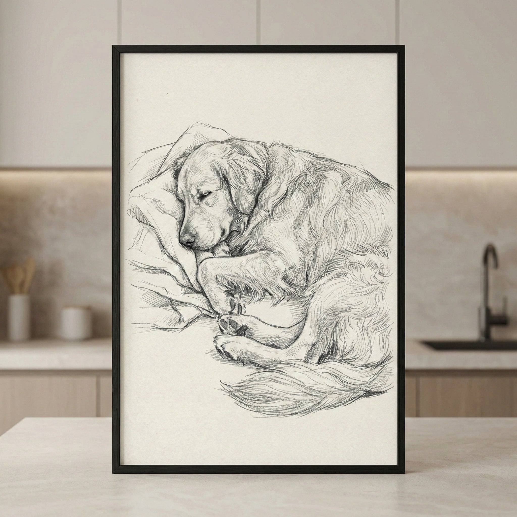A framed black and white pencil sketch of a sleeping long-haired dog, such as a retriever, curled up on a soft blanket. The artwork is displayed on a neutral-toned kitchen countertop in front of a modern kitchen backsplash.