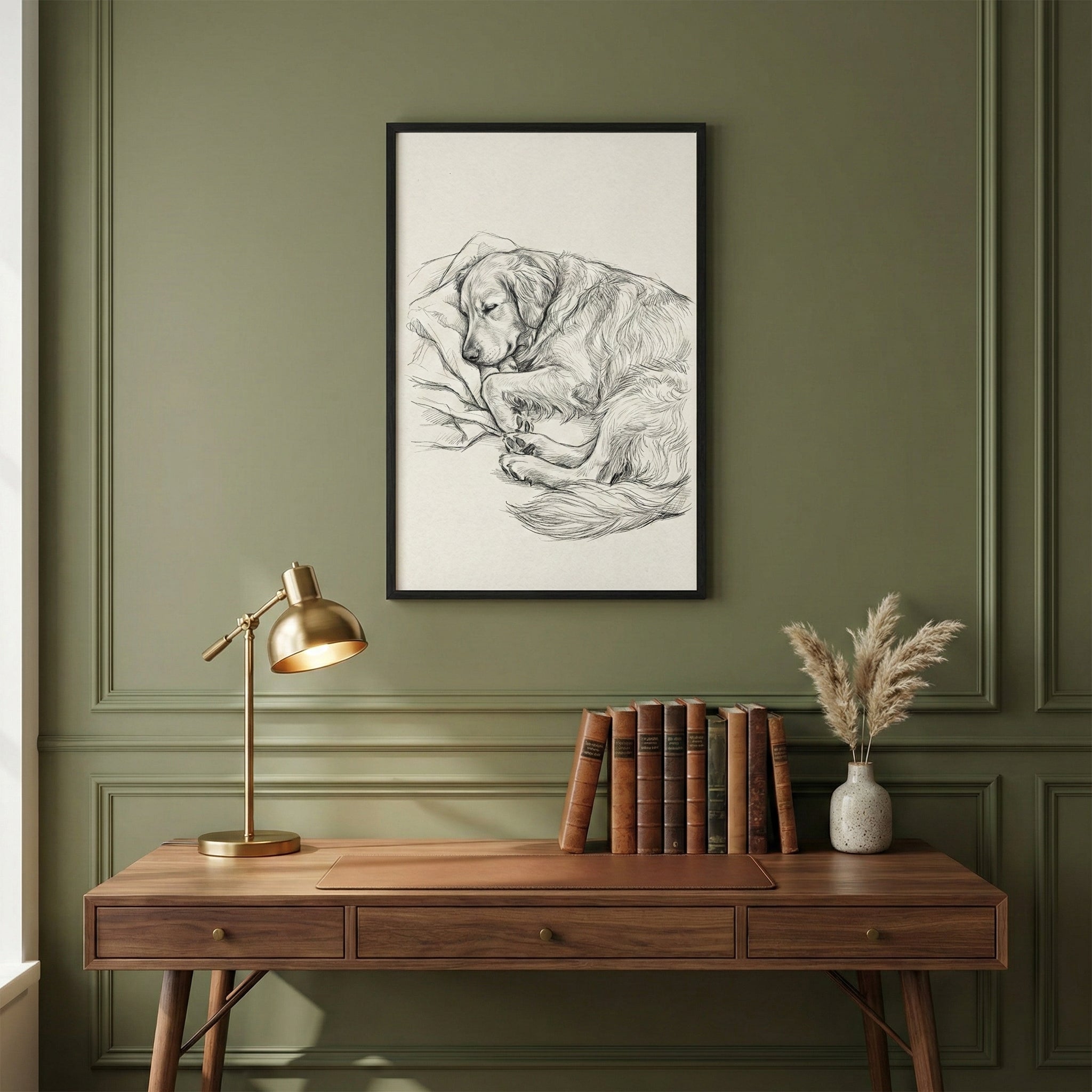 A cozy study area features a mid-century modern wooden desk set against an olive green wall with classic picture frame molding. Centered on the wall is a black-framed sketch of a sleeping long-haired dog. On the desk, a brass-colored lamp provides light from the left, while a brown leather mat occupies the center. To the right, a row of aged books stands next to a small white vase containing dried pampas grass.