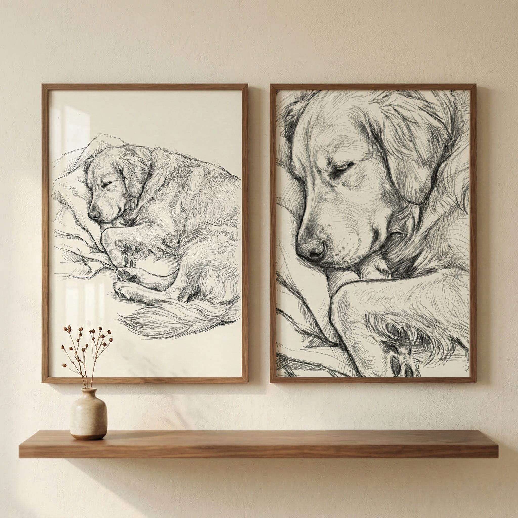 Sleeping Golden Retriever Wall Art Set of 2 - Golden Slumber Sketch