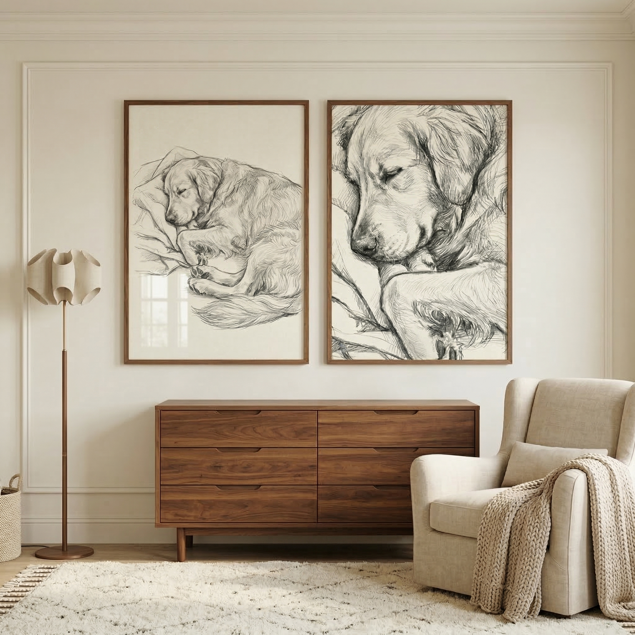 Sleeping Golden Retriever Wall Art Set of 2 - Golden Slumber Sketch