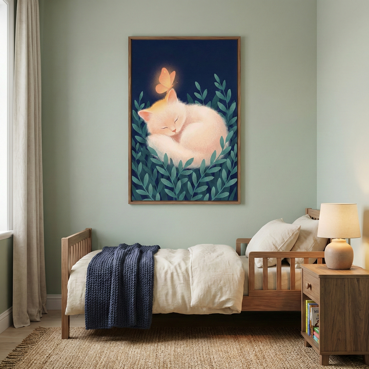 A serene child's bedroom with soft green walls and a wooden toddler bed. Above the bed, a large framed illustration depicts a fluffy, light-colored cat sleeping nestled in dark green leaves with a glowing orange butterfly on its head against a dark blue background. The bed has cream-colored linens and a navy blue throw. A wooden nightstand with a glowing lamp and books sits beside the bed. A natural fiber rug and light curtains complete the peaceful scene.