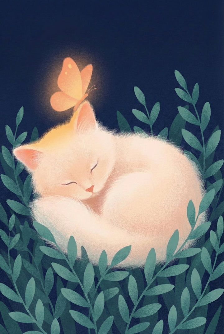A whimsical digital illustration of a fluffy, cream-colored cat sleeping peacefully while curled into a ball. The cat is nestled deep within dark green leafy plants. A glowing orange butterfly is perched delicately on the cat's head, casting a warm light over its ears and soft fur. The background is a deep, solid blue, evoking a calm nighttime atmosphere. The artwork uses soft, fuzzy textures to give the cat and butterfly a gentle, dreamlike quality.