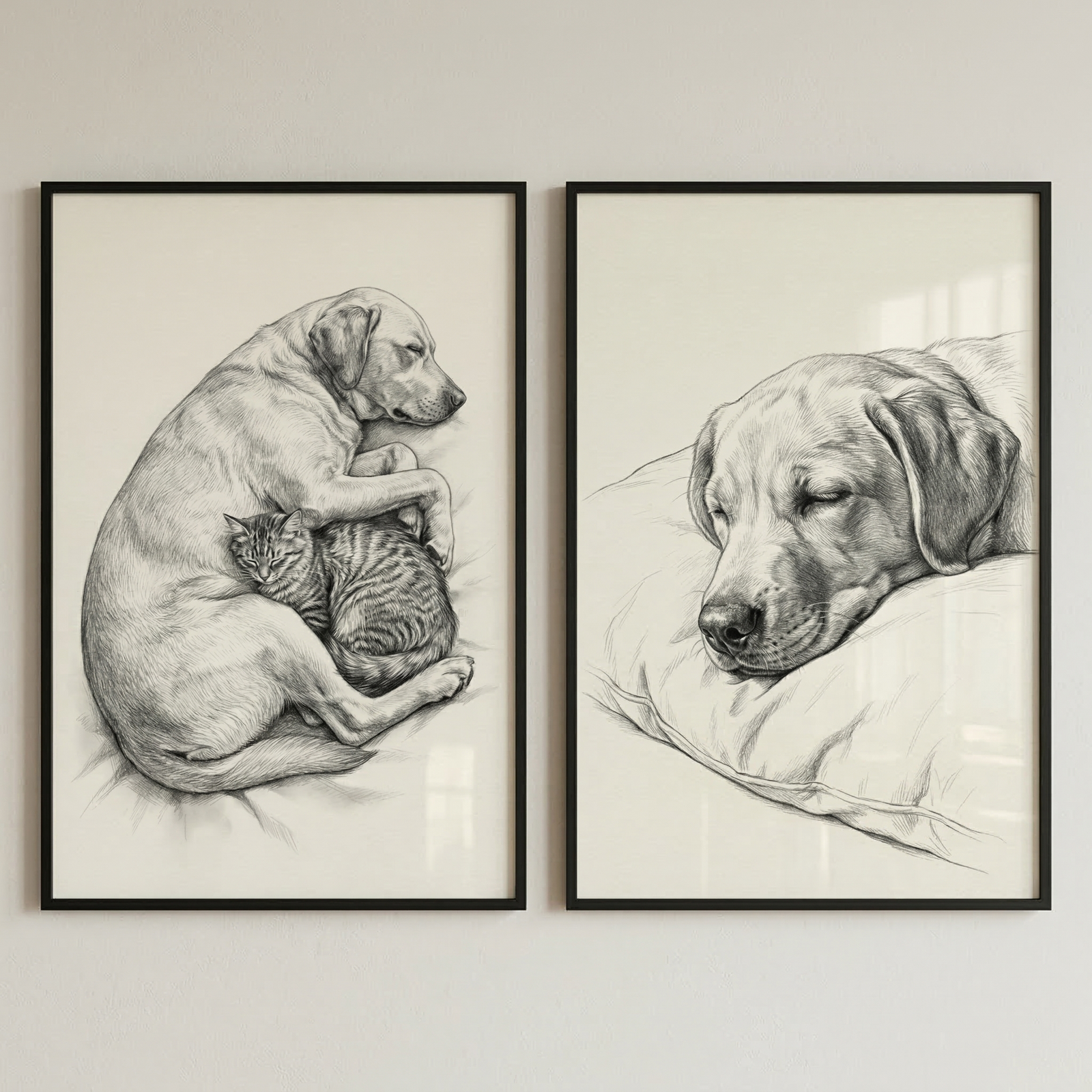 Two framed black and white sketches hang side-by-side on a light wall. The left sketch shows a large, short-haired dog curled up asleep, protectively embracing a small, striped tabby cat also in deep slumber. The right sketch is a close-up portrait of a similar large dog's head resting peacefully on a soft pillow with its eyes closed. Both drawings feature realistic detail and soft pencil shading, capturing a quiet, heartwarming scene of sleeping animals.