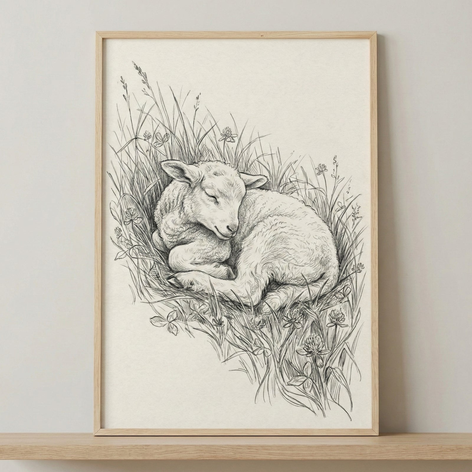 A detailed black and white sketch of a sleeping lamb curled up in a patch of tall grass and blooming clover. The illustration features fine line work to create texture in the lamb's fleece and the surrounding greenery. The artwork is presented in a light-toned wooden frame, sitting on a wooden shelf against a neutral wall.