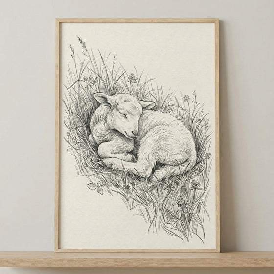 A detailed black and white sketch of a sleeping lamb curled up in a patch of tall grass and blooming clover. The illustration features fine line work to create texture in the lamb's fleece and the surrounding greenery. The artwork is presented in a light-toned wooden frame, sitting on a wooden shelf against a neutral wall.