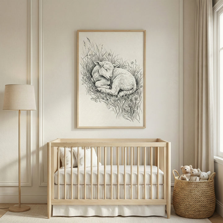 A serene nursery featuring a light-toned wooden crib centered against an off-white wall with classic molding. Hanging above the crib is a framed black and white hand-drawn sketch of a baby lamb curled up and sleeping in tall grass. To the left of the crib is a tall, minimalist floor lamp with a beige lampshade, and to the right is a woven wicker basket filled with small plush teddy bears. The room has a calm and neutral aesthetic with soft lighting.