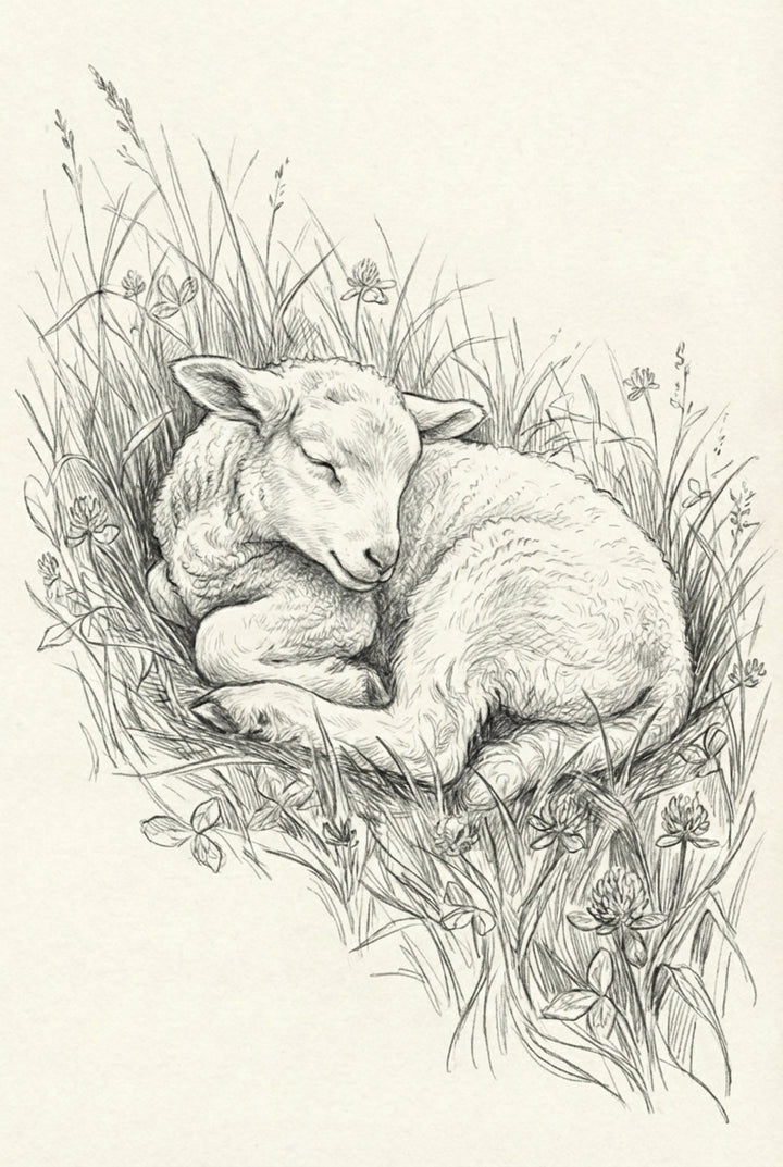 Pencil illustration of a young lamb curled up and sleeping in a bed of tall grass and clover, with its head resting on its side.