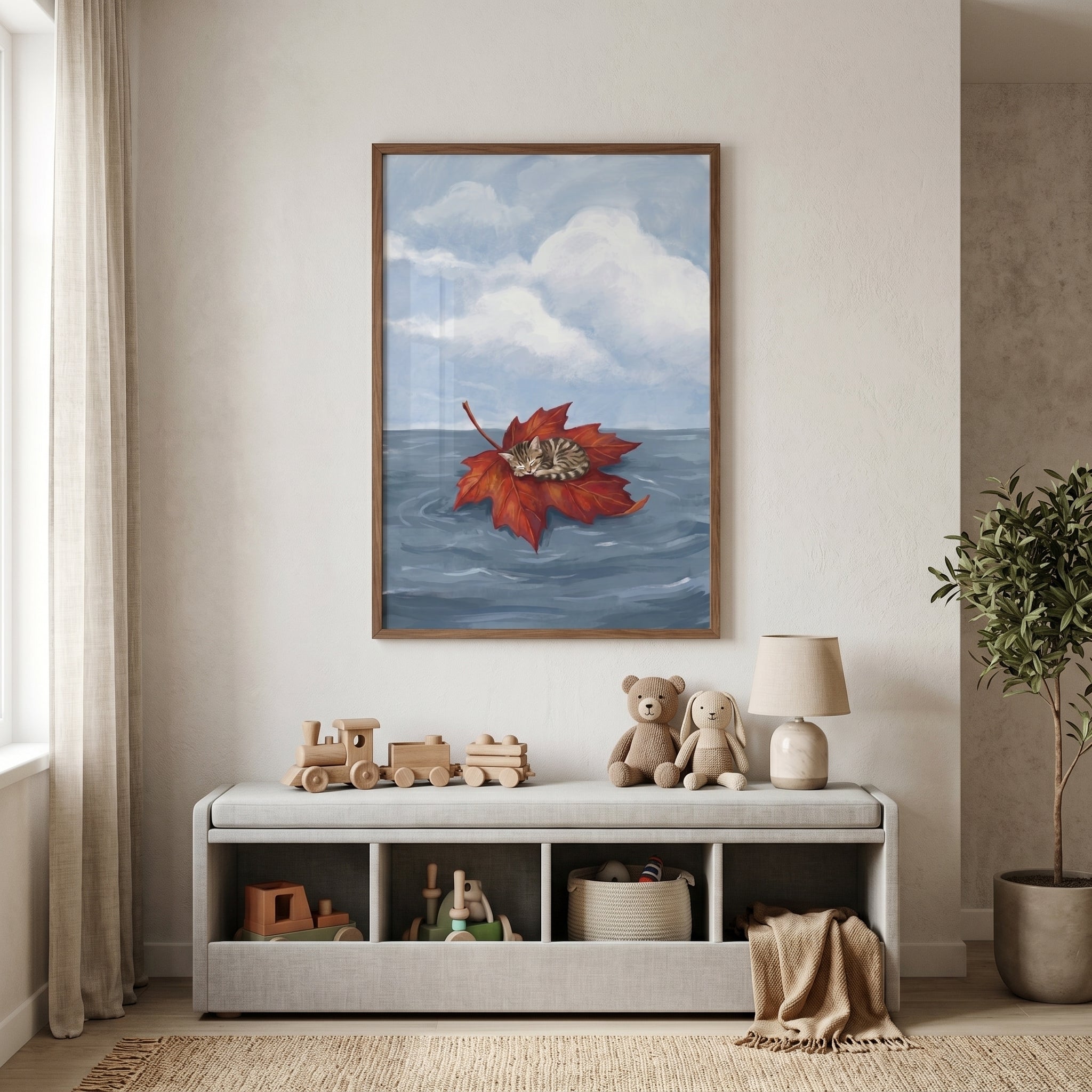Sleeping Maple Leaf Kitten Wall Art - Floating Kitten Dream
