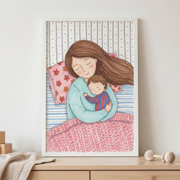 A framed illustration shows a mother and young child sleeping peacefully together. The mother has long brown hair and wears a light blue top, cradling the child who is in a red and blue striped shirt. They are in a bed with a pink flower-patterned pillow and a pink knit-patterned blanket. Behind them is a blue and white striped background with small dots. The white frame sits on a wooden shelf next to wooden blocks, a folded knit blanket, and a wooden rattle, creating a warm nursery setting.