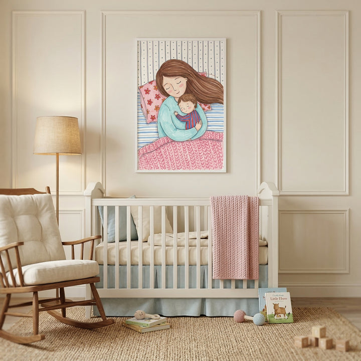 A cozy and serene nursery is shown with soft, neutral-toned walls featuring classic decorative paneling. Centered on the main wall is a large, vertical framed illustration that depicts a tender moment between a mother and her child. The artwork shows a woman with long, flowing brown hair holding a sleeping baby close to her chest. They are tucked into a bed with a pink patterned pillow and a pink blanket that has a textured, knitted appearance, set against a background of thin blue and white stripes.
