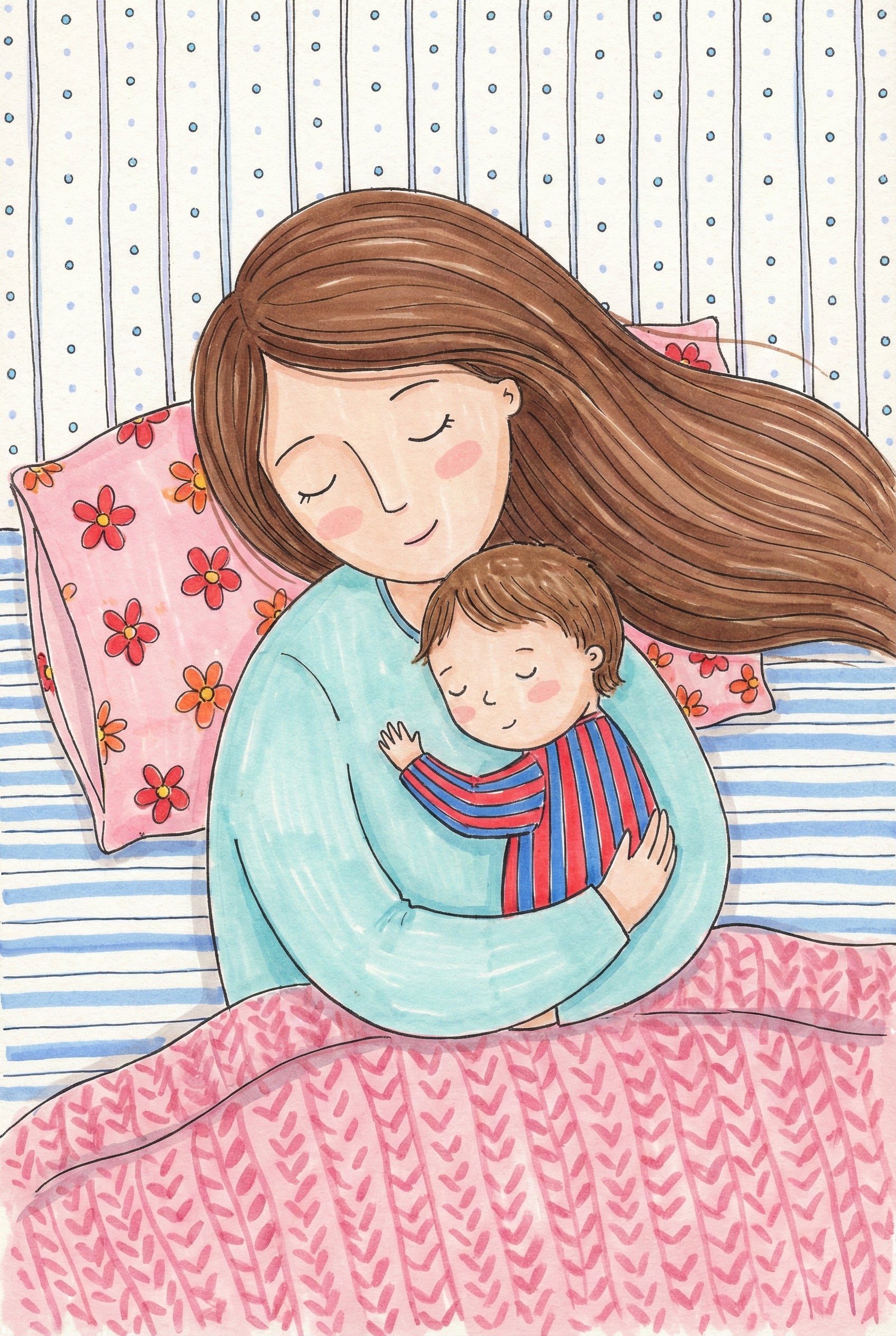 Sleeping Mom And Toddler Wall Art - Mother's Gentle Embrace