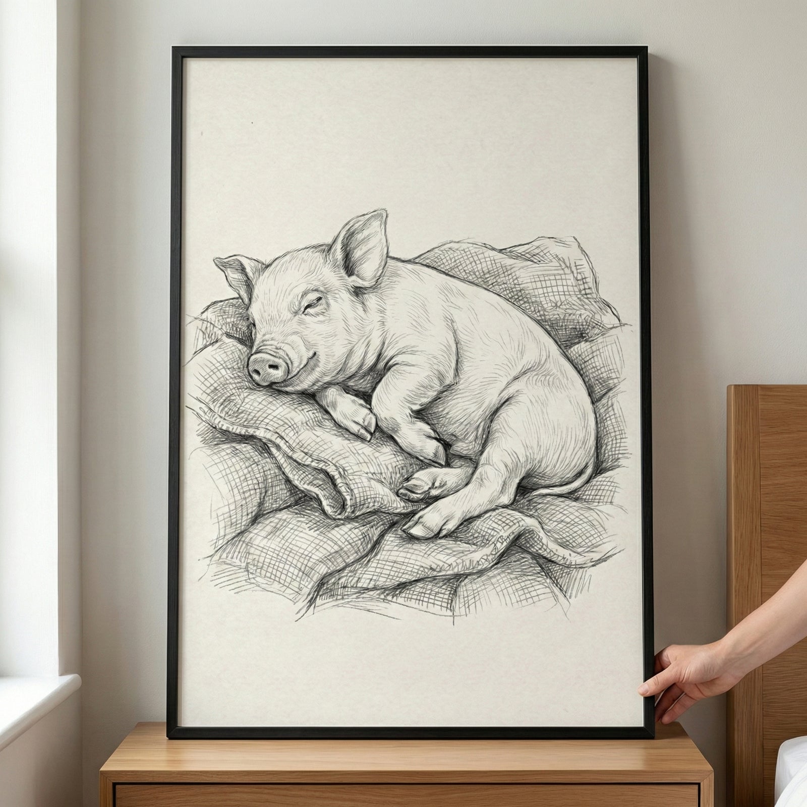 A framed black and white pencil sketch of a small piglet sleeping peacefully on a pile of rumpled blankets. The artwork is held in a simple black frame and rests on a light wooden surface against a white wall, with a hand reaching in to touch the side of the frame.