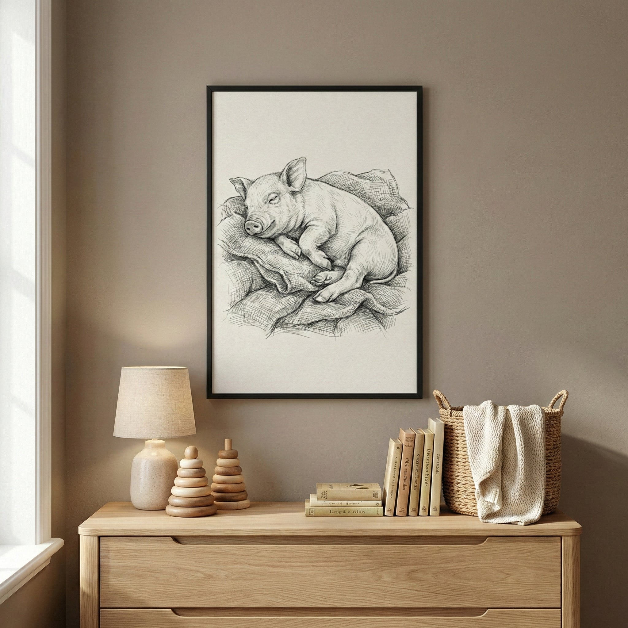 A minimalist charcoal-style sketch of a small piglet sleeping peacefully on a textured blanket is featured in a thin black frame. The artwork hangs on a solid taupe wall above a light-toned wooden dresser. On the dresser, a small lamp with a white shade sits next to two sets of wooden stacking rings. To the right, a small collection of books stands neatly beside a woven wicker basket with a white cloth draped over its edge. Natural light from an adjacent window softly illuminates the scene.
