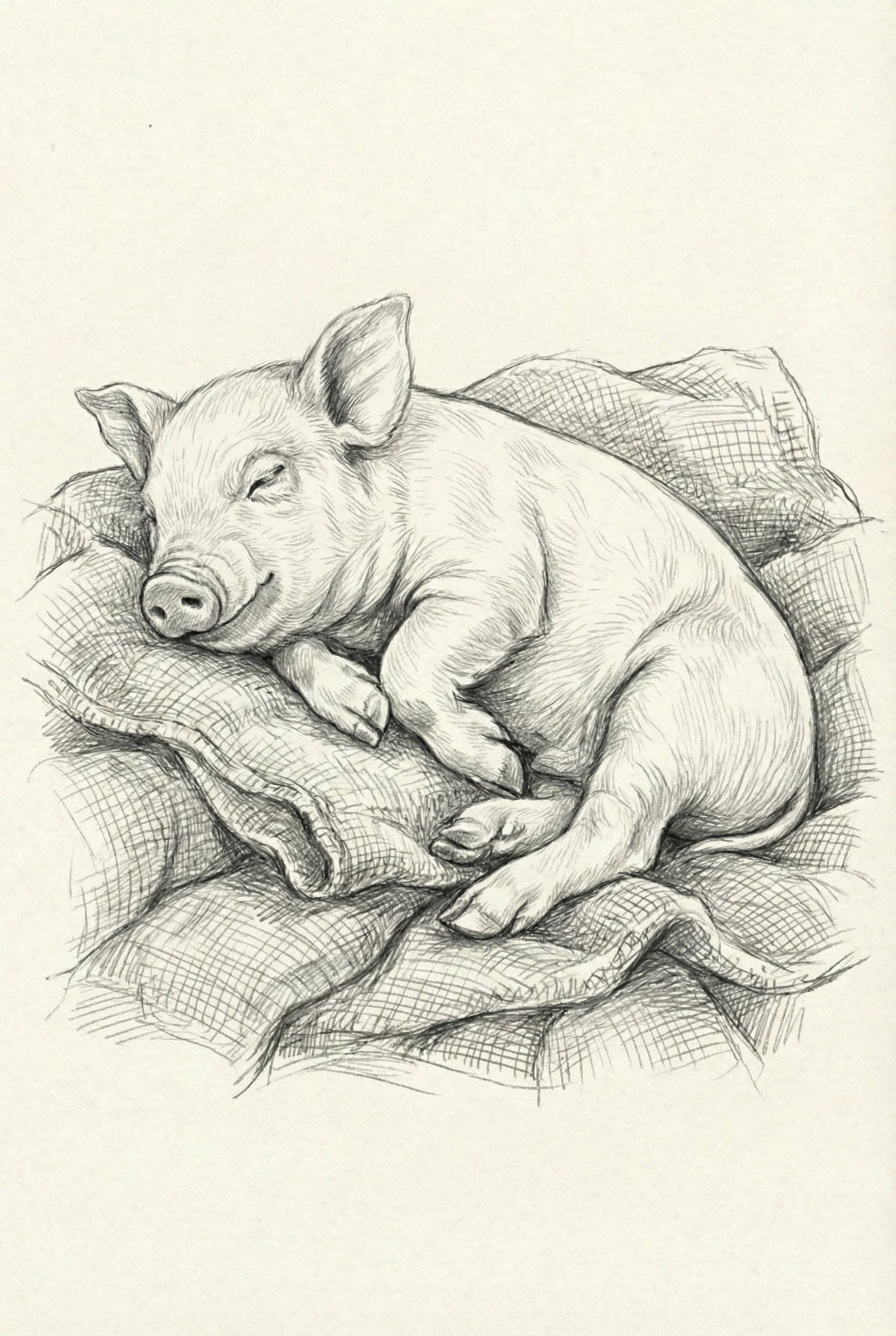 Hand-drawn image of a piglet peacefully napping on a soft, textured blanket, its small body curled and a slight smile on its face.
