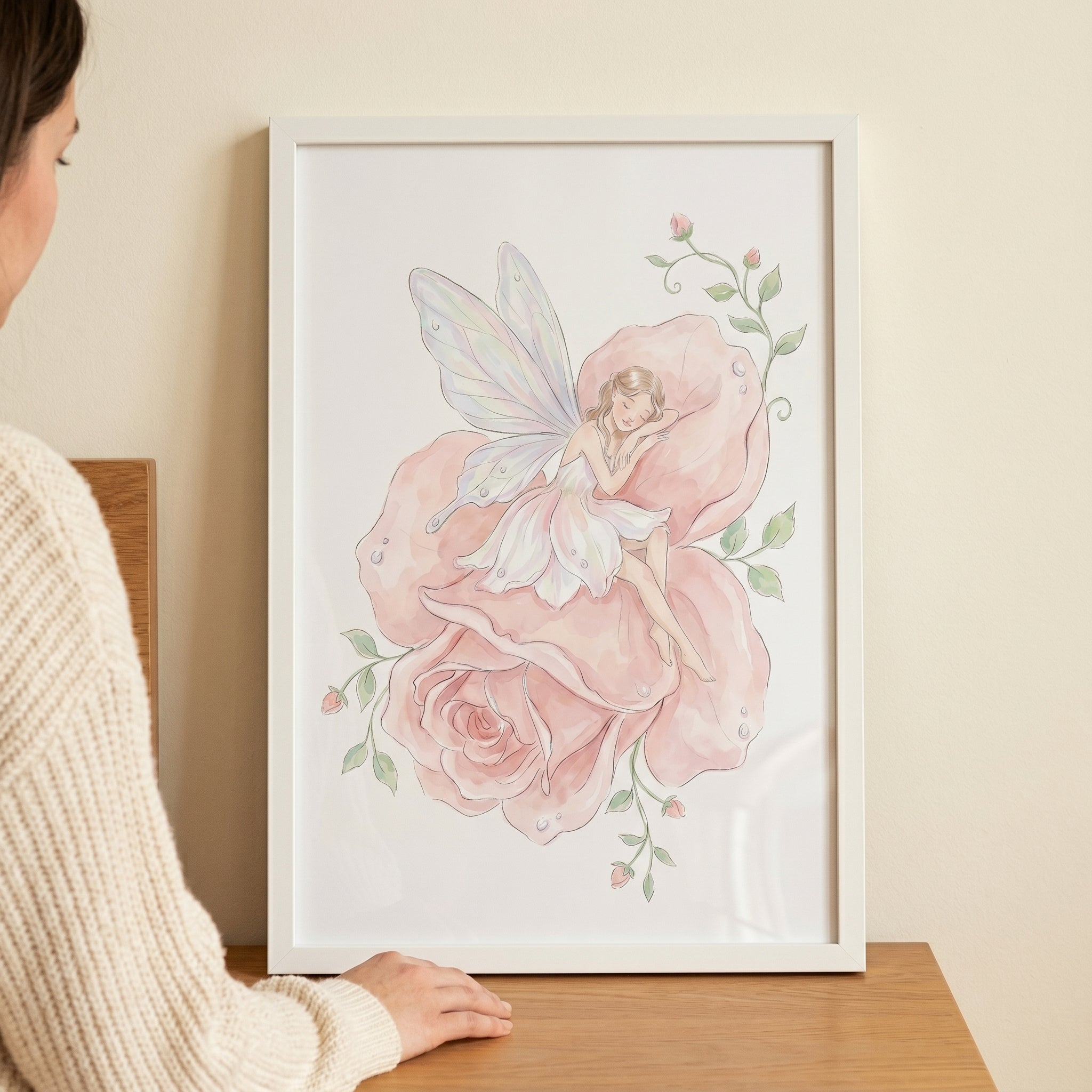Sleeping Pink Rose Fairy Wall Art - Blushing Rose Fairy