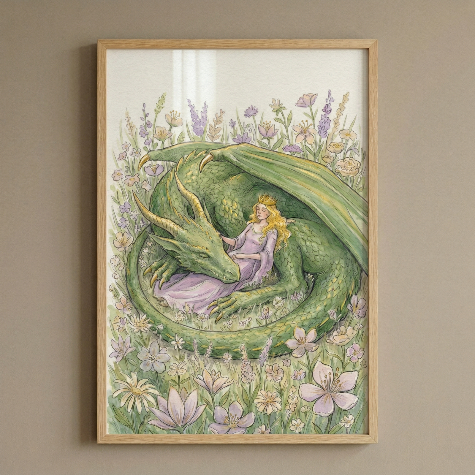 A vertical framed illustration in a soft watercolor style depicting a large, green dragon curled peacefully around a woman in a field of wildflowers. The dragon has golden-yellow scales on its underbelly and matching golden horns, its eyes closed in rest. Nestled against the dragon is a woman with long blonde hair wearing a gold crown and a flowing purple gown. They are surrounded by a dense meadow of pastel-colored flowers in shades of lavender, yellow, and white. 